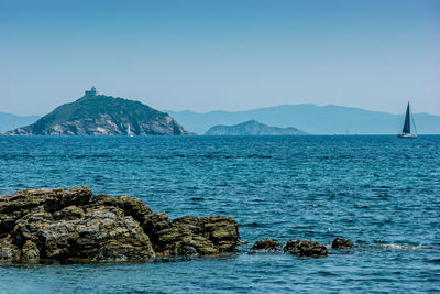 Scenic view of sea against clear sky