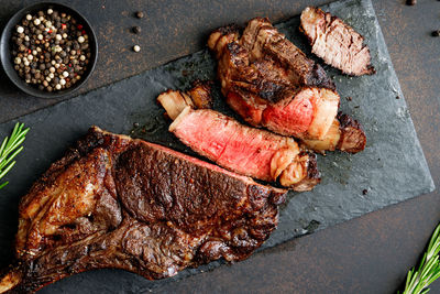 High angle view of food on barbecue grill