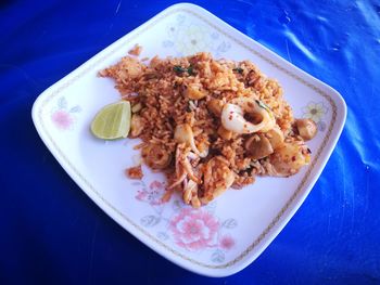 High angle view of food in plate on table