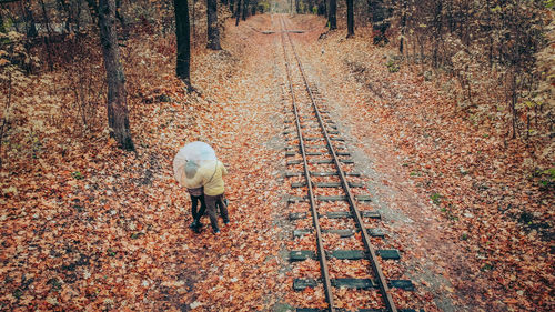 High angle view of couple walking by railroad track in forest