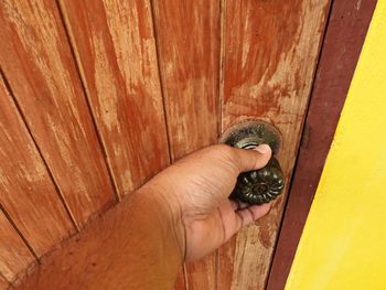 Cropped hand holding door knob