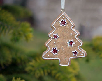 Close-up of christmas decoration hanging on tree