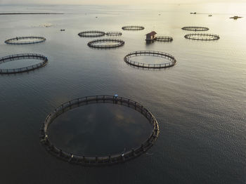 Aerial view of fishing farm enclosures