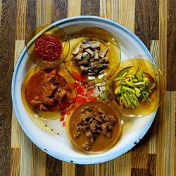 High angle view of meal served on table
