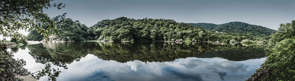 Reflection of trees in lake against sky