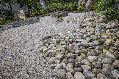 High angle view of stones on field