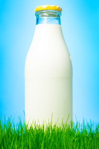 Close-up of bottle against blue sky