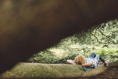 Woman lying on tree trunk seen through branches