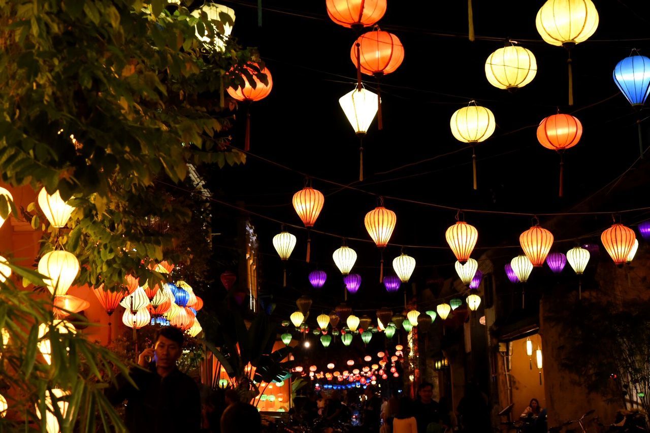 illuminated, lighting equipment, hanging, night, decoration, celebration, lantern, low angle view, chinese lantern, traditional festival, multi colored, electricity, no people, outdoors