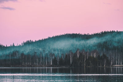 Scenic view of lake against clear sky at sunset
