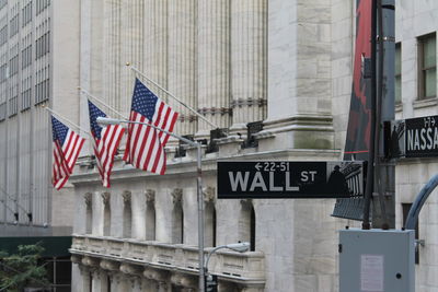 In the streets of wall street in nyc, with the street sign and a row of 3 american flags on the nyse