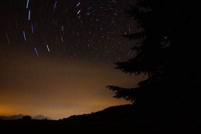 Low angle view of silhouette trees against sky at night