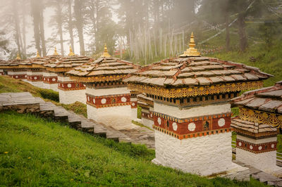 High angle view of traditional temples on field