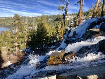 Scenic view of waterfall in forest during winter