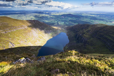 High angle view of sea and mountains