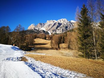 Snow covered landscape against clear blue sky