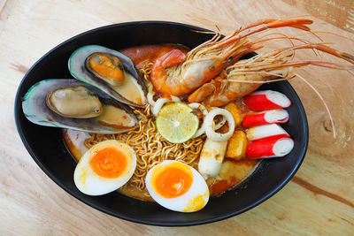 High angle view of breakfast on table