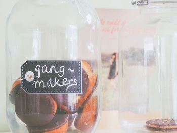 Close-up of drink in glass jar on store