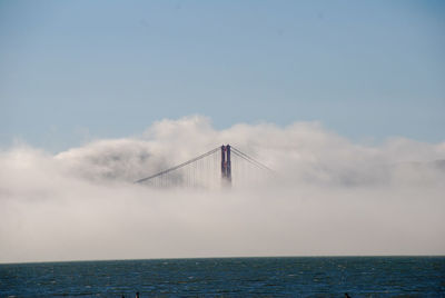 Suspension bridge over sea against sky