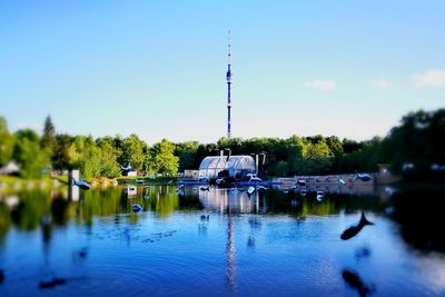 Reflection of trees in water against blue sky