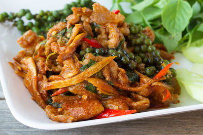 Close-up of food served on table