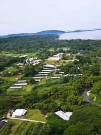 High angle view of buildings against clear sky