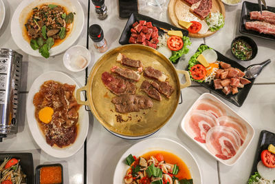 High angle view of meal served on table