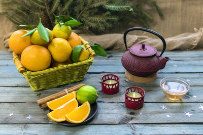 Close-up of fruits in basket on table