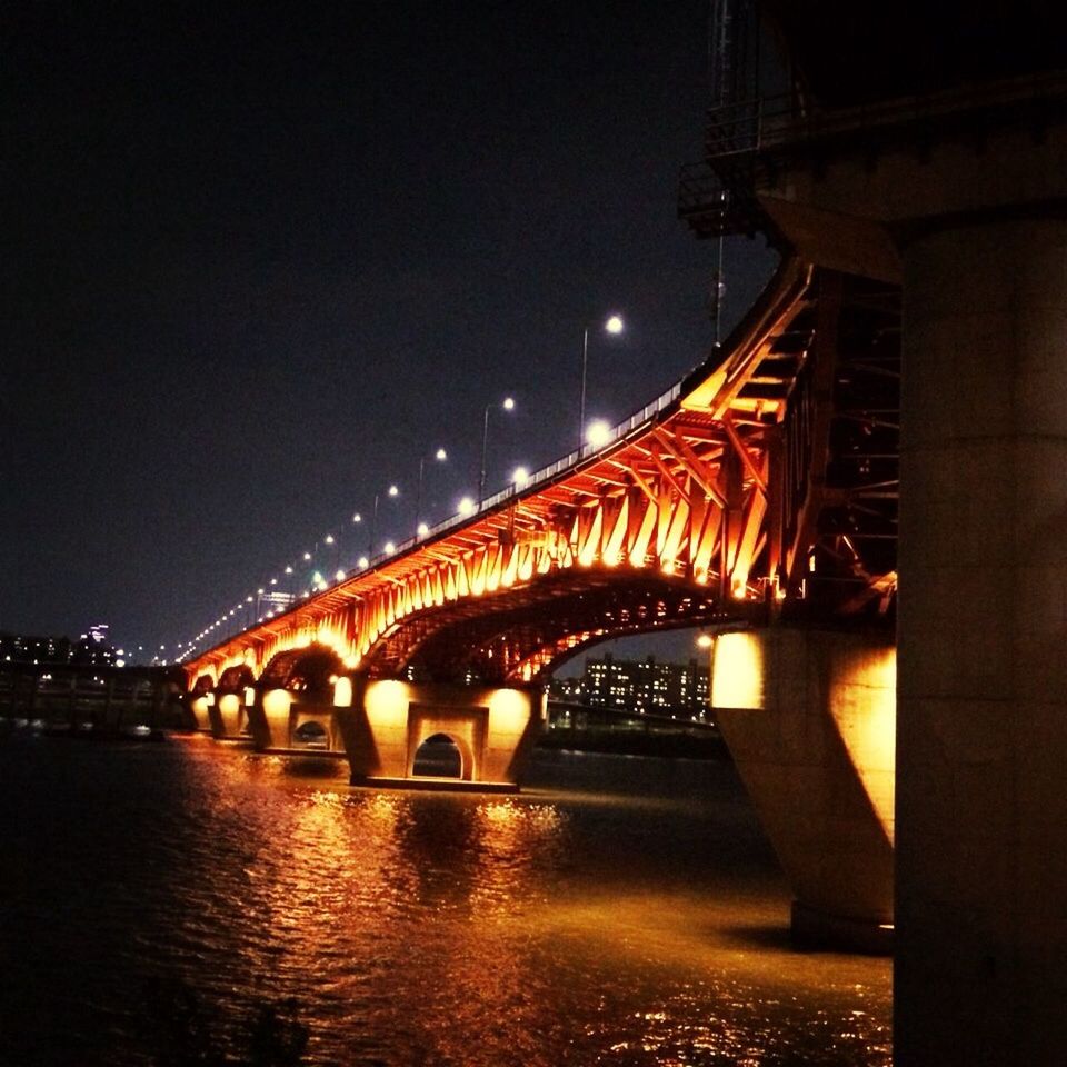 connection, built structure, architecture, bridge - man made structure, bridge, engineering, illuminated, river, water, transportation, night, arch, arch bridge, waterfront, suspension bridge, long, travel destinations, low angle view, clear sky, reflection