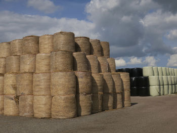 Stack of tires against sky
