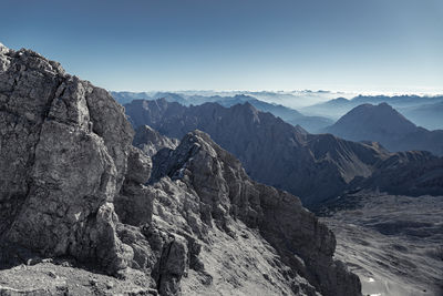 Panoramic view of rocky mountains against clear sky