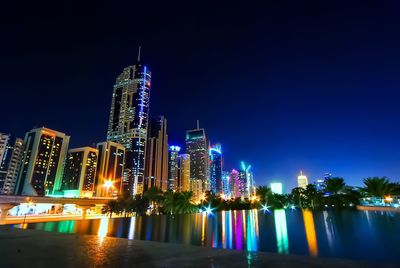 Illuminated city buildings at night