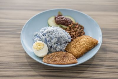 High angle view of breakfast on table