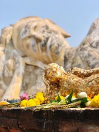 Close-up of buddha statue against wall