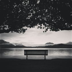 Empty bench at lakeshore