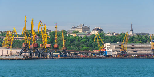 View from the sea of the cargo port and container terminal in odessa, ukraine