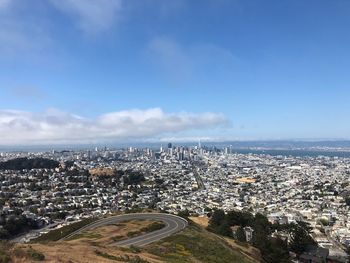 High angle view of buildings against sky