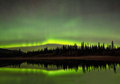 Aurora borealis reflected in still water