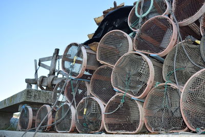 Low angle view of fishing net against clear sky