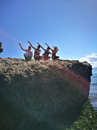 Birds on rock by sea against clear sky