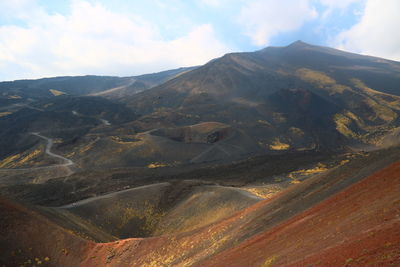 Aerial view of dramatic landscape against sky. etna volcano.