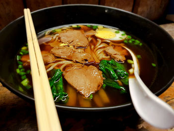 Close-up of soup in bowl on table