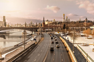 City view of the moskva river and the kremlin in winter.tourism in russia.