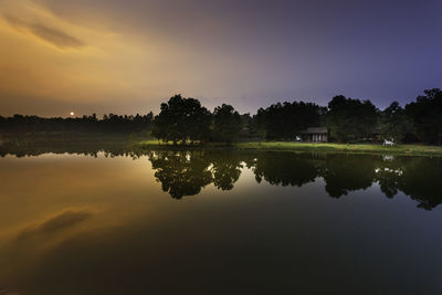 Scenic view of lake against sky at sunset