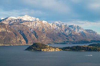 The panorama of lake como, from san martino in griante, showing bellagio and surrounding mountains.