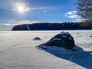 Scenic view of snow covered land against sky