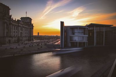 Buildings in city at sunset