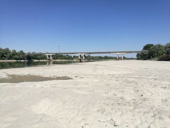 Scenic view of beach against clear blue sky