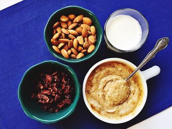 High angle view of breakfast on table