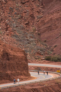 Rear view of men riding bicycles on road